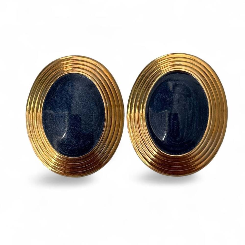 Vintage-Inspired Gold-Tone Oval Navy Blue Statement Stud Earrings